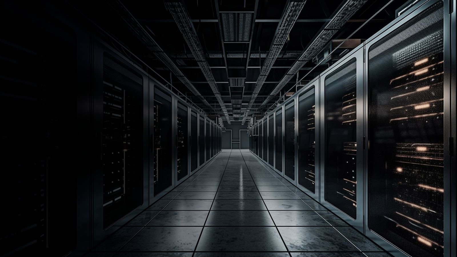 Dark data center corridor with illuminated racks